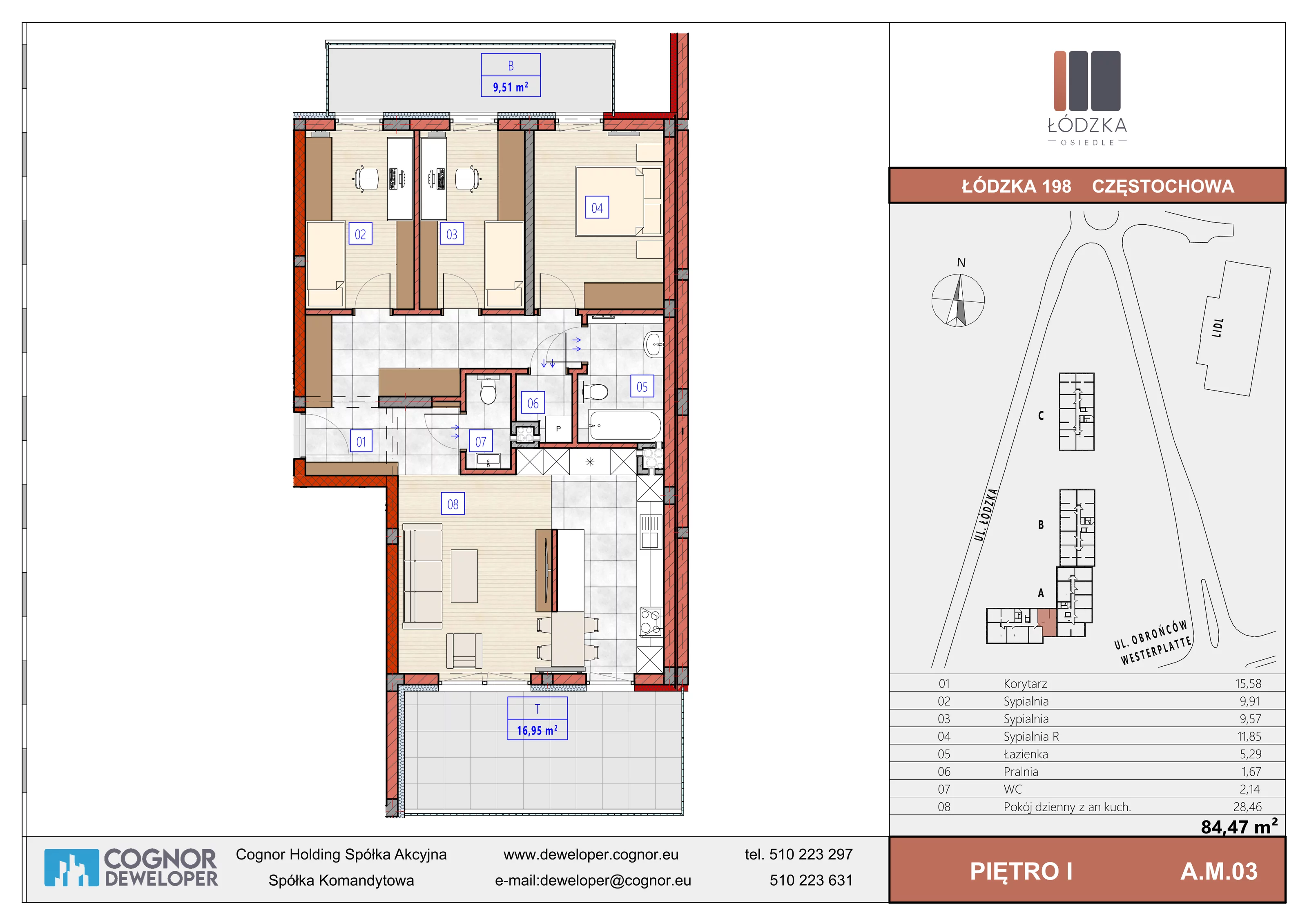 4 pokoje, mieszkanie 84,47 m², piętro 1, oferta nr A.M.03, Łódzka Osiedle, Częstochowa, Częstochówka-Parkitka, ul. Łódzka 198, 200, 202